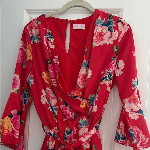 Pink Lily Floral Red Romper - Picture 4 of 5